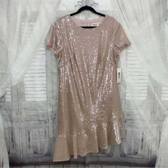 Eliza J Size 18 Blush Pink Sequin Asymmetric Ruffle Hem Short Sleeve Dress NEW - Picture 6 of 11